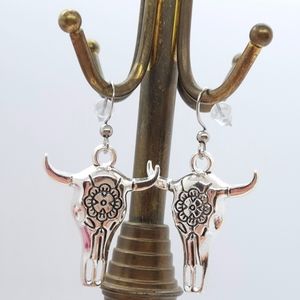 Silver Bull Skull with Flowers Earrings